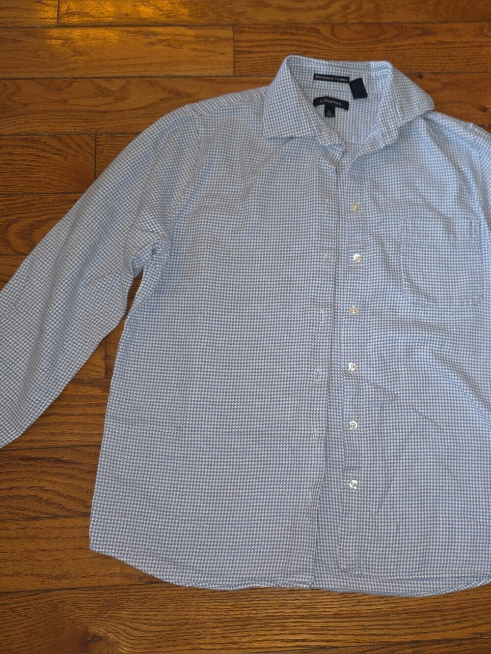 Lands' End Light Blue and White Houndstooth Flannel Shirt